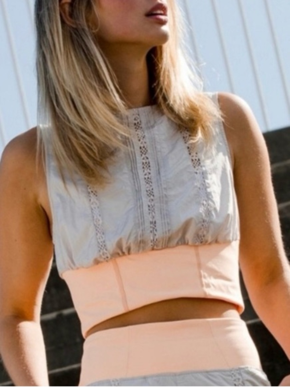Free People Lace-Detail Crop Top in Light Gray and Peach